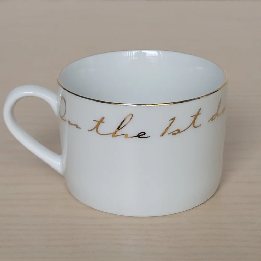Pier 1 Cup and Saucer 12 Days Of Christmas On The First Day Partridge Gold Trim